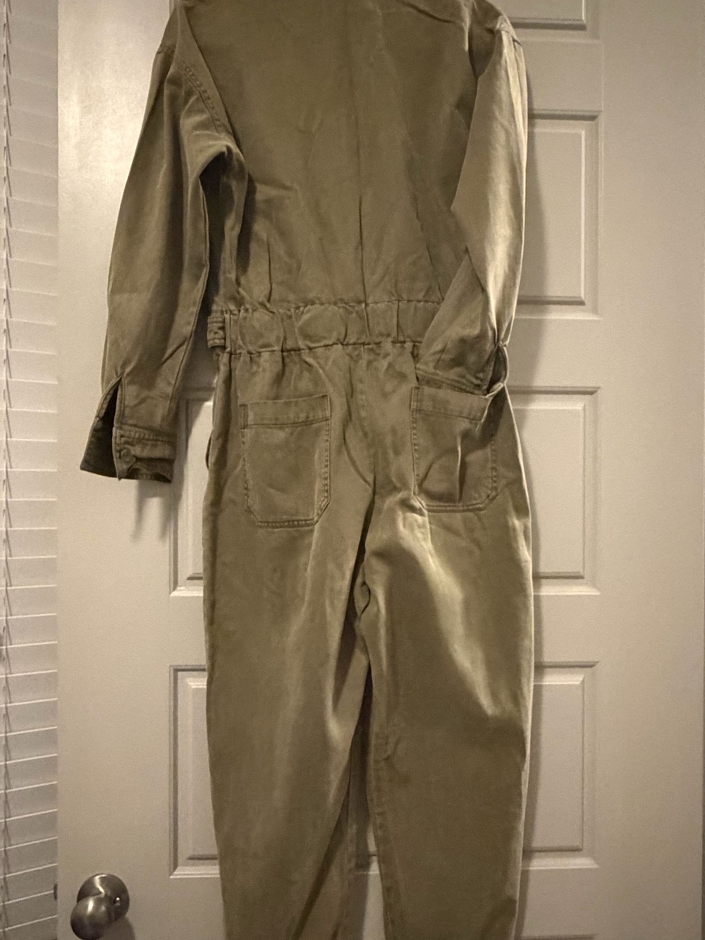 Utility Cotton Blend Jumpsuit in Olive Green, Denim like material.